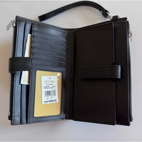 Michael Kors Jet Set Travel Double Zip Wristlet Wallet MK Logo Signature Black - Picture 2 of 15
